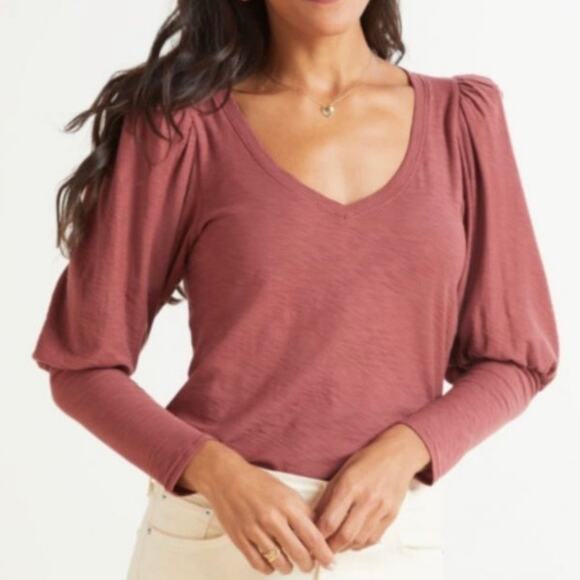 Nation LTD Emilia V-Neck Puff Drama Sleeve Top in Rusted Rose Size Medium - Picture 1 of 11